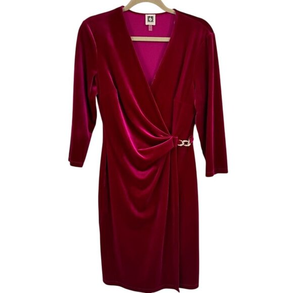 Anne Klein  Classic Wrap Stretch Velvet Dress Rhinestone Chain Buckle raspberry - Picture 2 of 16